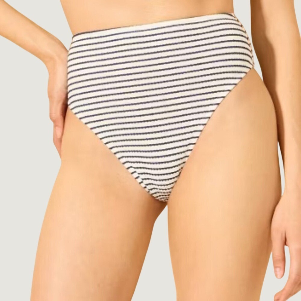 Shade & Shore High Waist Navy Striped Ribbed Bikini Bottom XL High Leg NWT - Picture 2 of 11
